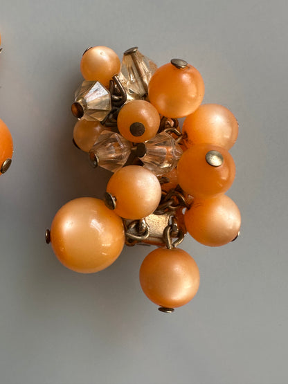 Vintage Beaded Climber Clip On Earrings Plastic Retro Dangling Peach Moonglow