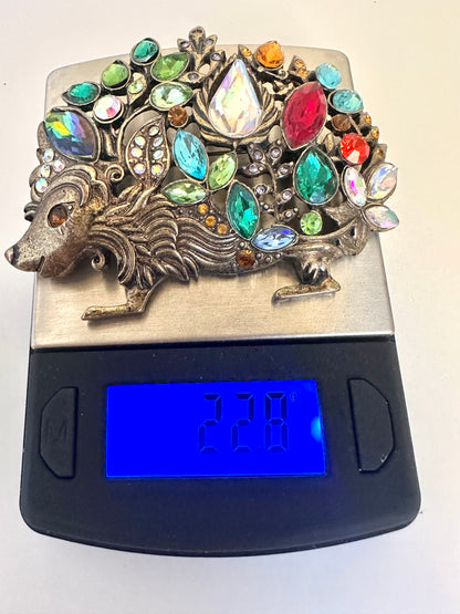 Multicolor Rhinestone Hedgehog Brooch Antiqued Goldtone Rhinestone Animal Pin