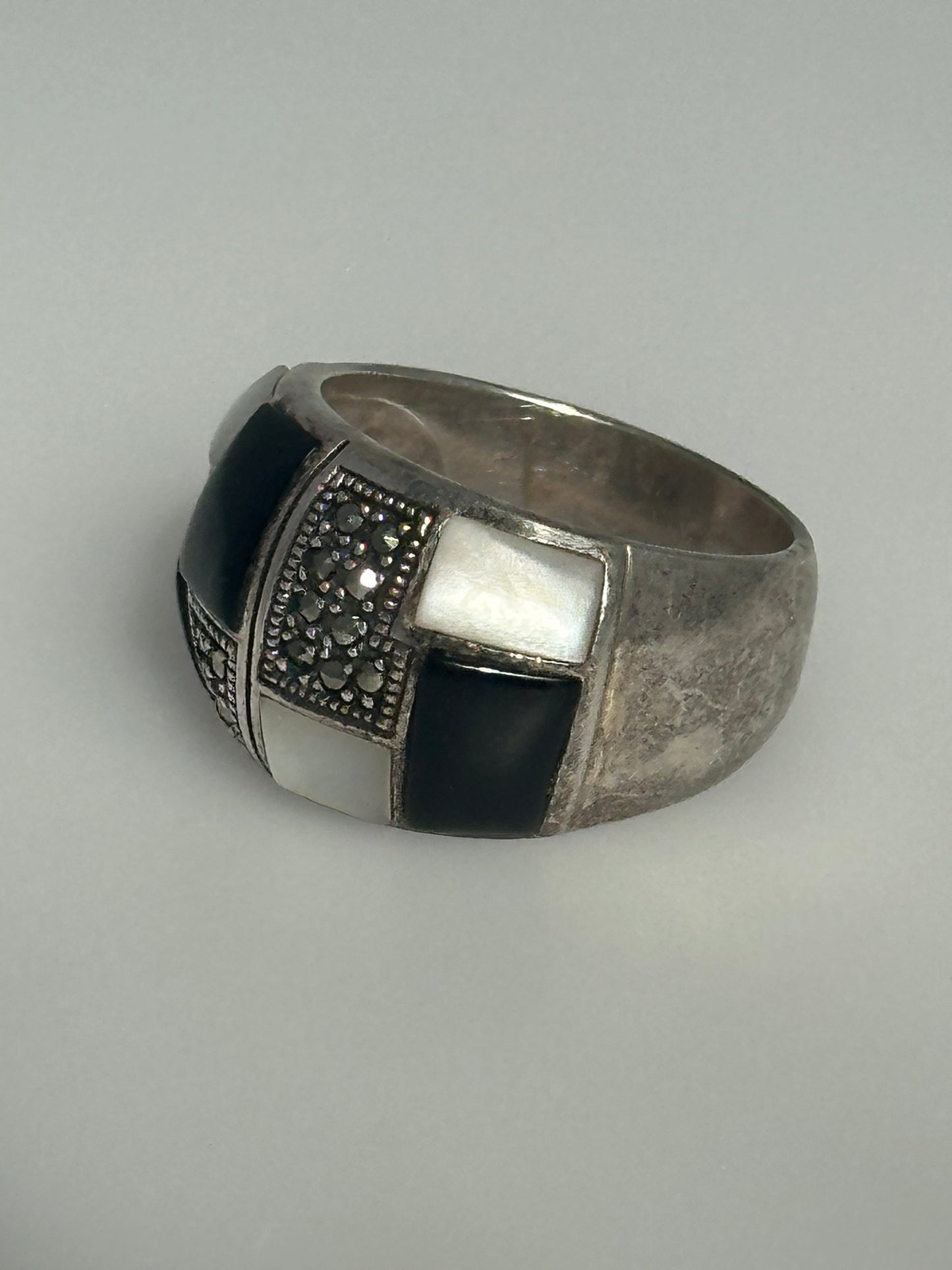 Sterling Silver Pearl Black Onyx Inlay Rhinestone Statement Ring Size 8