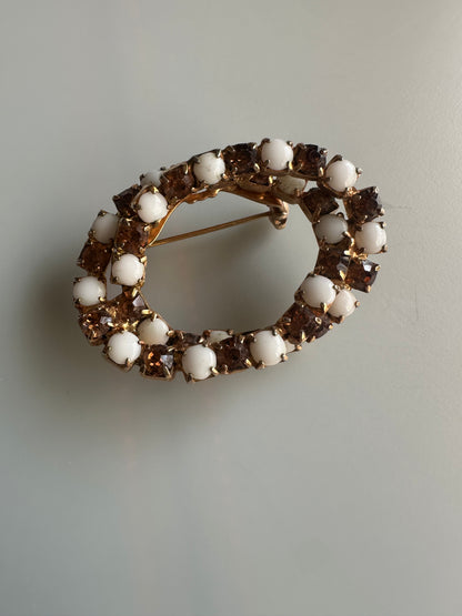 Art Deco - Mid-Century Vintage Milk Glass and Rhinestone Ovals Brooch Goldtone