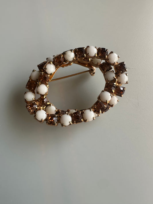 Art Deco - Mid-Century Vintage Milk Glass and Rhinestone Ovals Brooch Goldtone