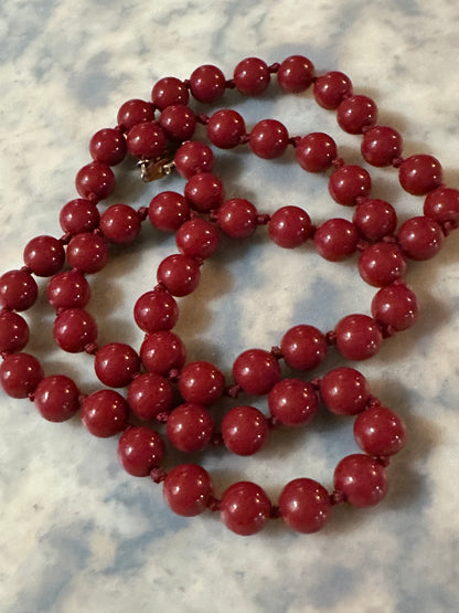1930’s-1960’s Crown Trifari Knotted Red Bead Necklace 22” Mid-Century Vintage