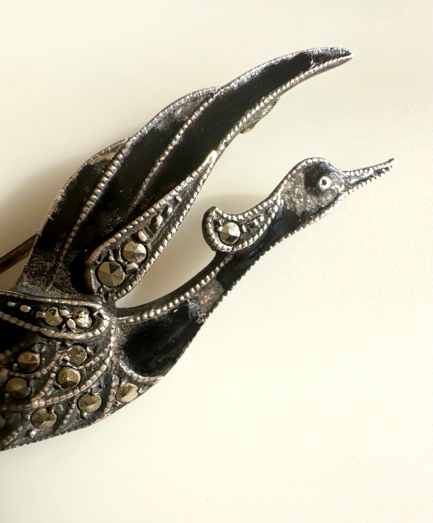 Art Deco/Art Nouveau ~ 830 Silver, Enamel, Marcasite Bird Brooch - Heron