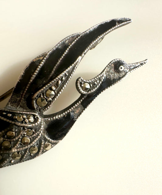 Art Deco/Art Nouveau ~ 830 Silver, Enamel, Marcasite Bird Brooch - Heron