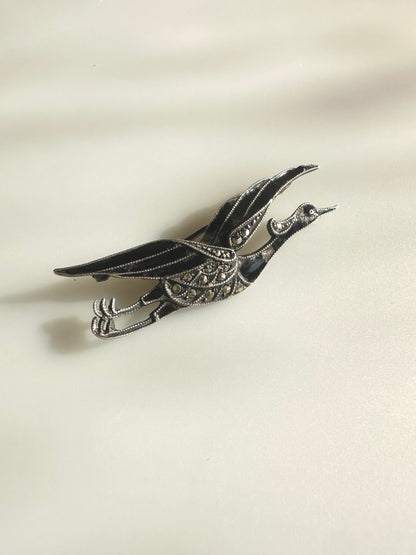 Art Deco/Art Nouveau ~ 830 Silver, Enamel, Marcasite Bird Brooch - Heron