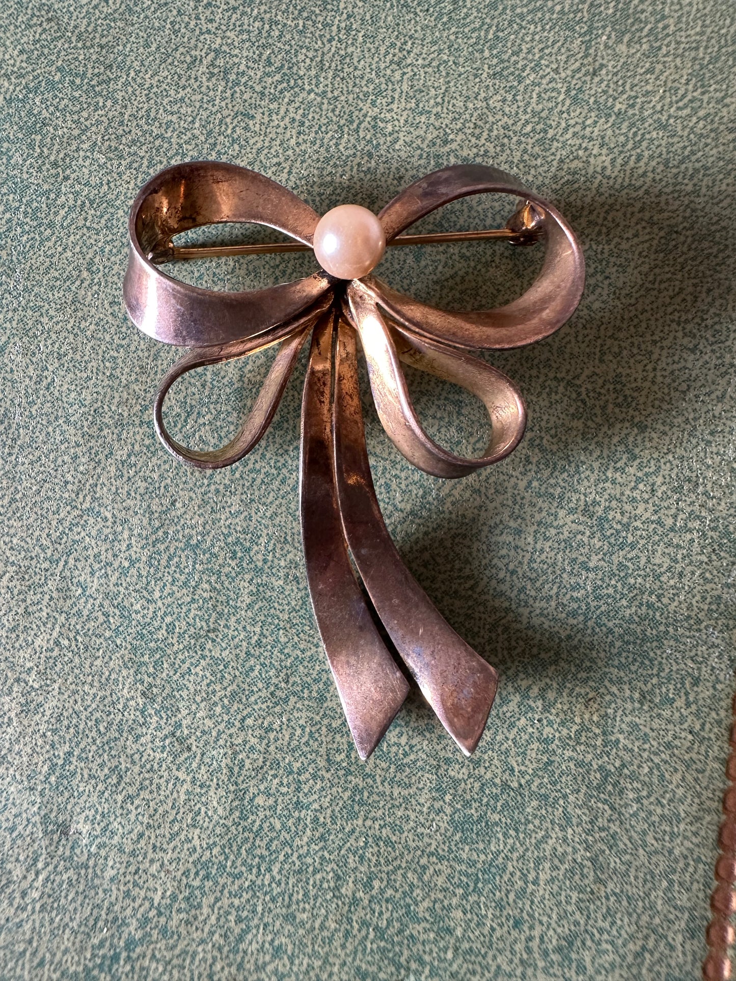 STERLING Silver Vintage Large Bow Brooch Pin Gold Vermeil Faux Pearl