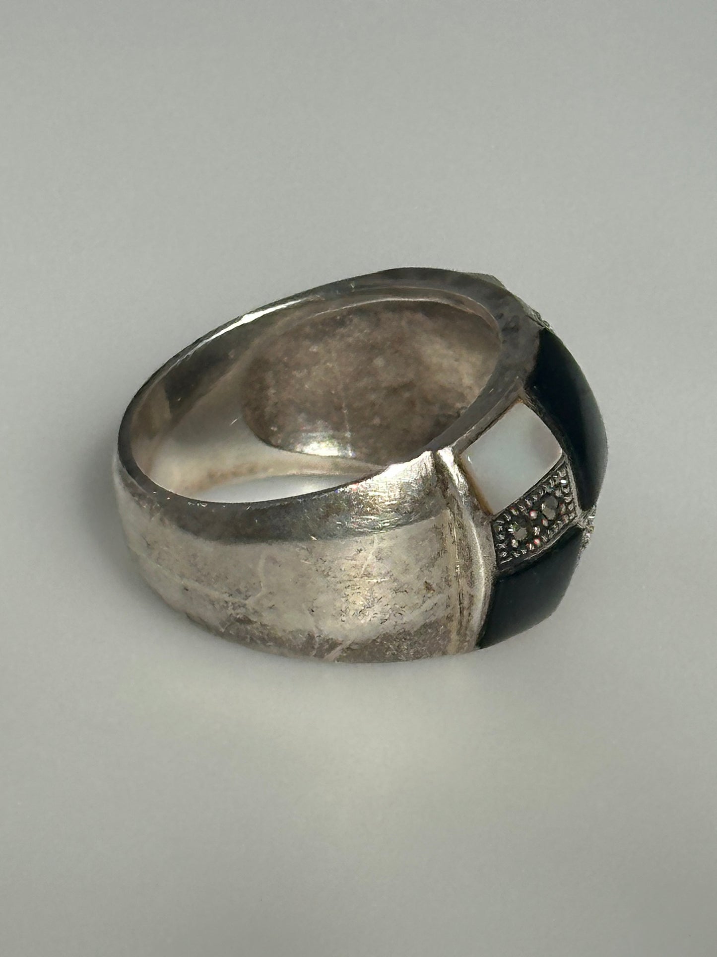 Sterling Silver Pearl Black Onyx Inlay Rhinestone Statement Ring Size 8