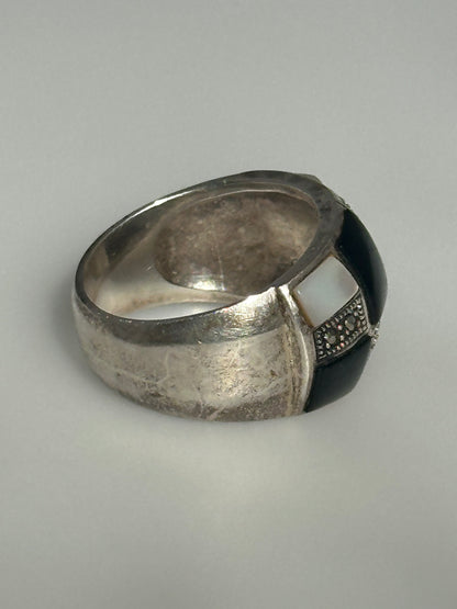 Sterling Silver Pearl Black Onyx Inlay Rhinestone Statement Ring Size 8