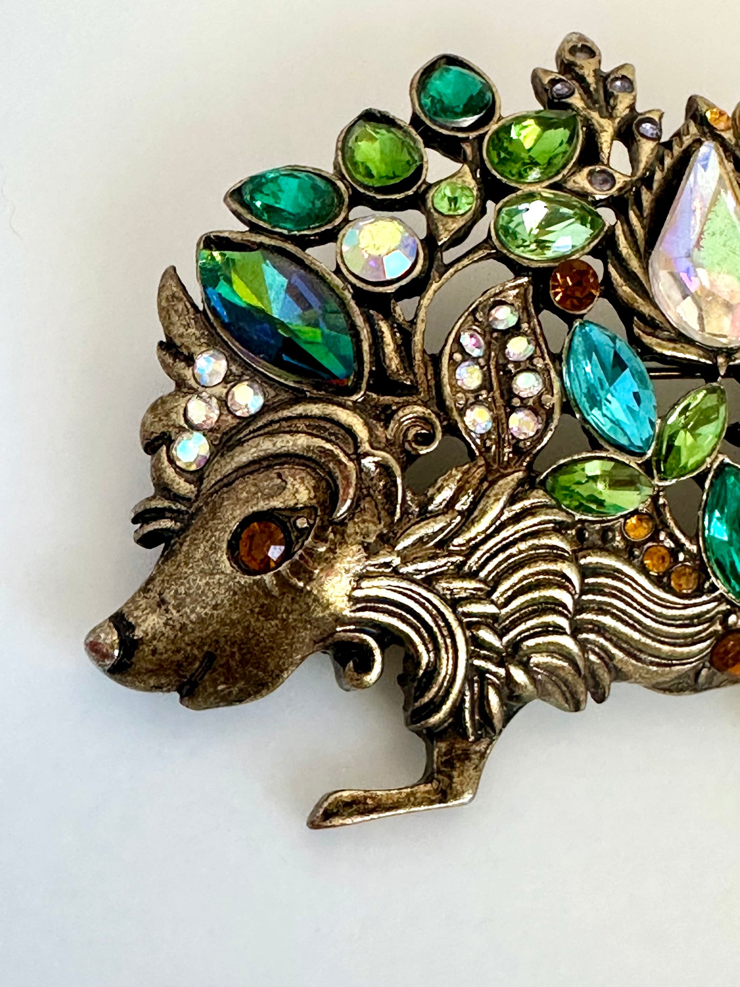 Multicolor Rhinestone Hedgehog Brooch Antiqued Goldtone Rhinestone Animal Pin