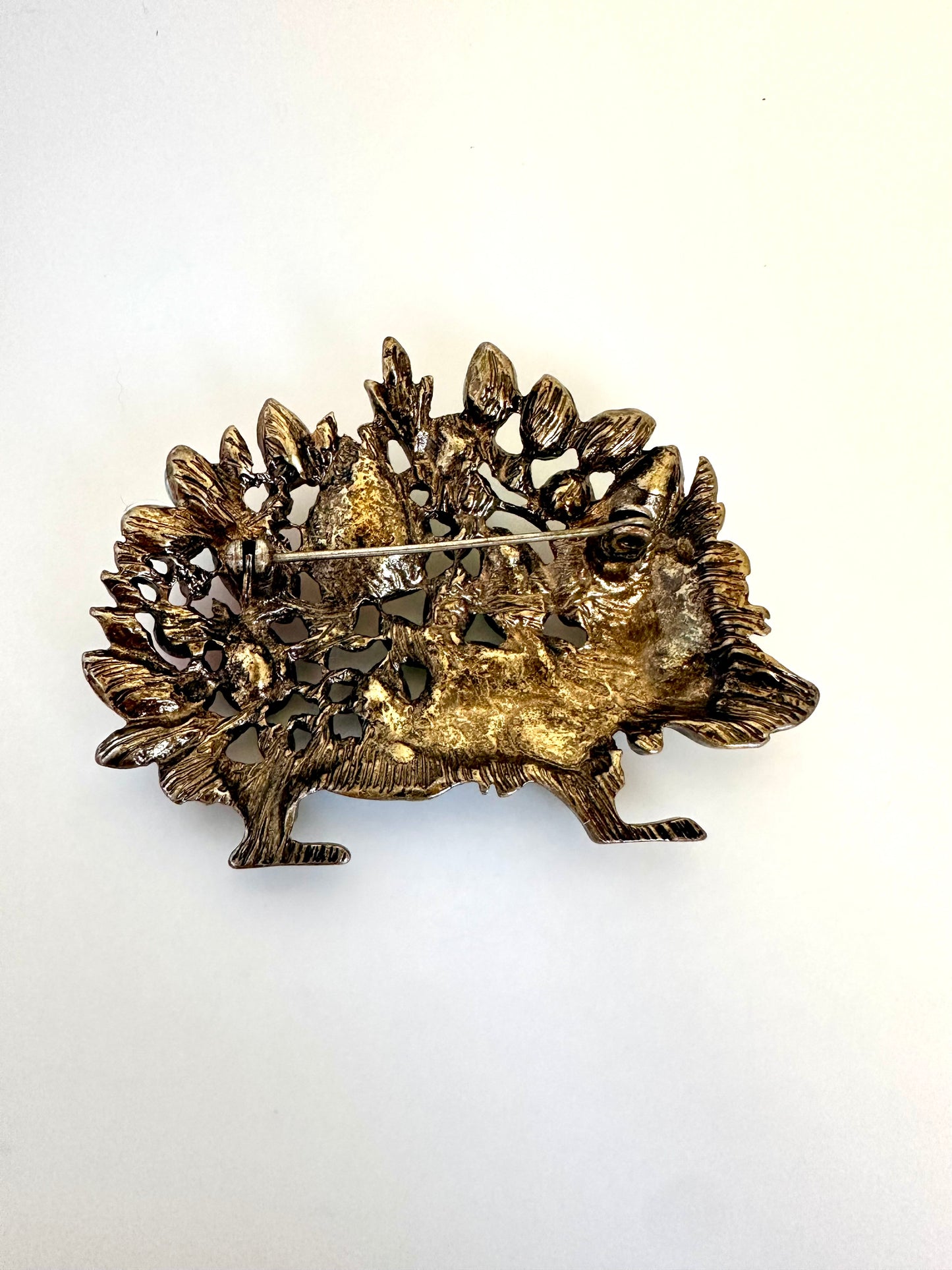 Multicolor Rhinestone Hedgehog Brooch Antiqued Goldtone Rhinestone Animal Pin