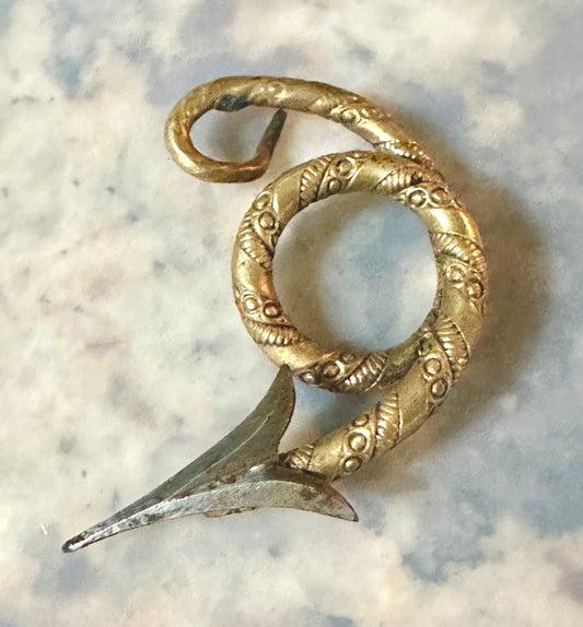 Antique Late 19th Century Victorian Cloak Pin? Brass And Steel Hand tooled