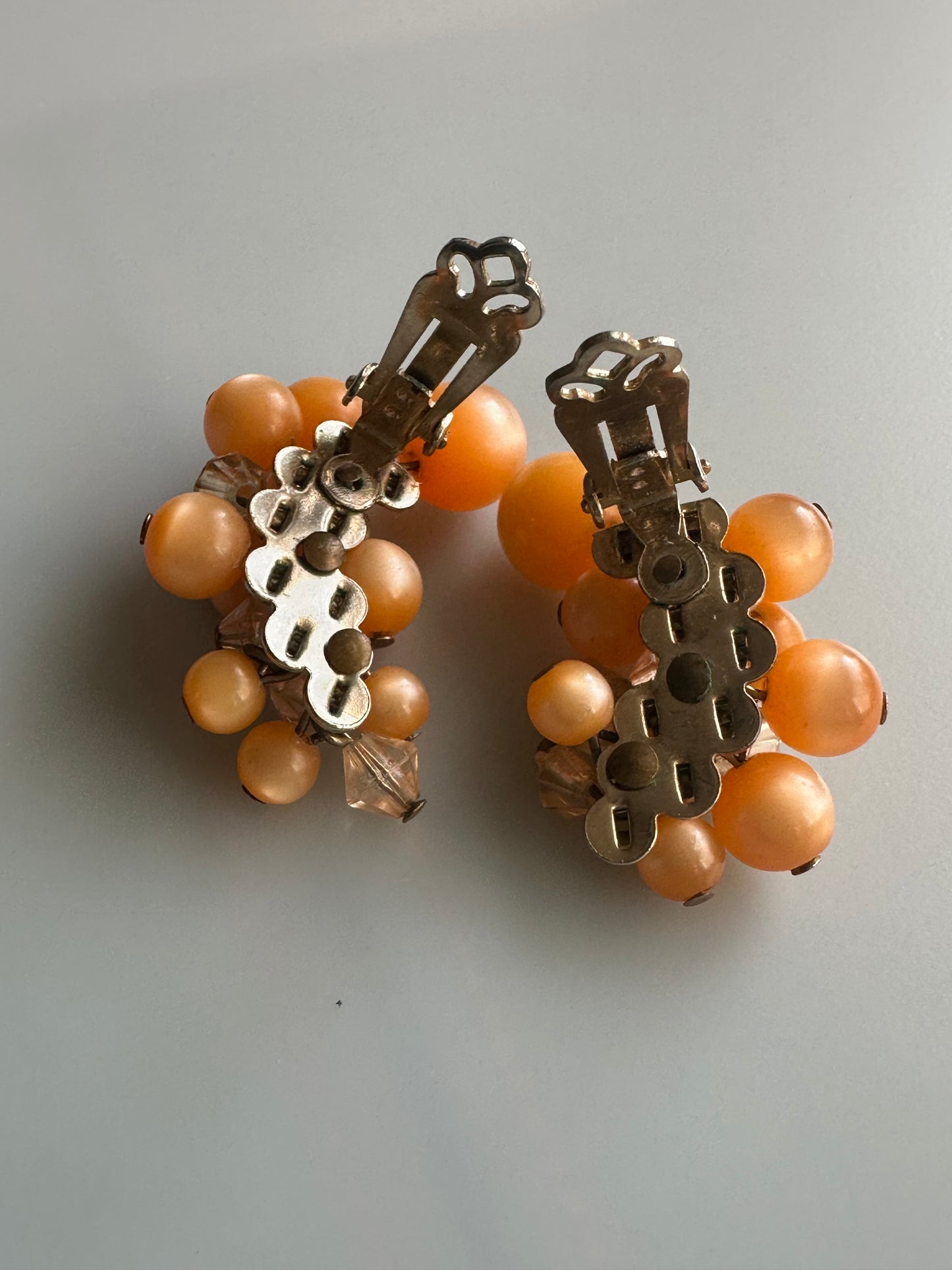 Vintage Beaded Climber Clip On Earrings Plastic Retro Dangling Peach Moonglow
