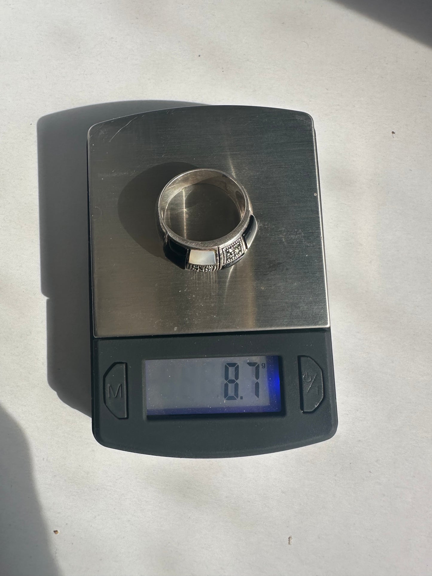 Sterling Silver Pearl Black Onyx Inlay Rhinestone Statement Ring Size 8