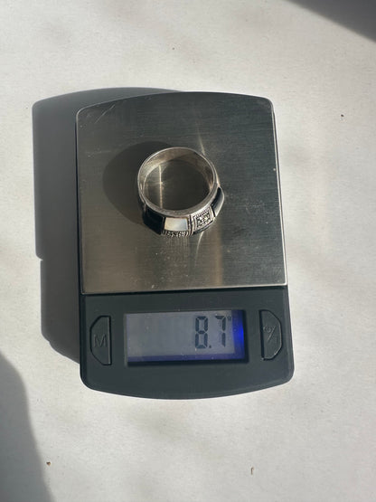 Sterling Silver Pearl Black Onyx Inlay Rhinestone Statement Ring Size 8