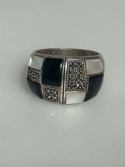 Sterling Silver Pearl Black Onyx Inlay Rhinestone Statement Ring Size 8