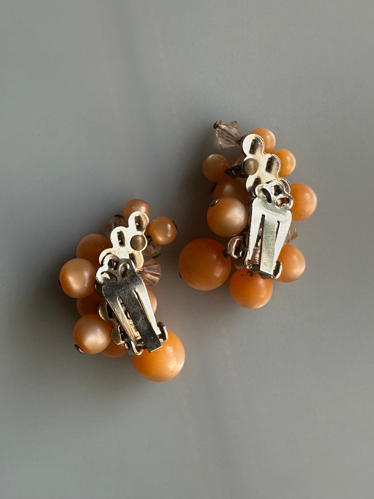 Vintage Beaded Climber Clip On Earrings Plastic Retro Dangling Peach Moonglow