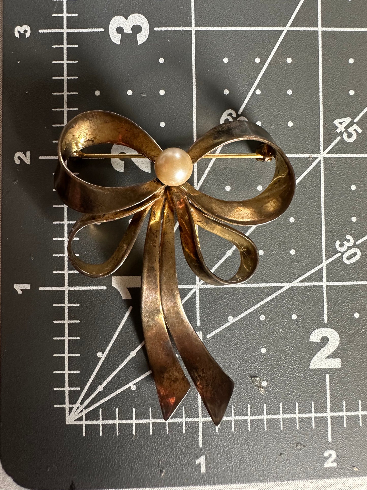 STERLING Silver Vintage Large Bow Brooch Pin Gold Vermeil Faux Pearl