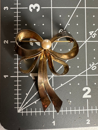 STERLING Silver Vintage Large Bow Brooch Pin Gold Vermeil Faux Pearl