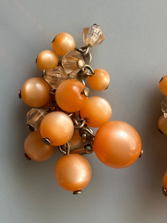 Vintage Beaded Climber Clip On Earrings Plastic Retro Dangling Peach Moonglow