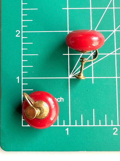 Vintage 1920’s-1940’s Red Glass Button Screw back Earrings