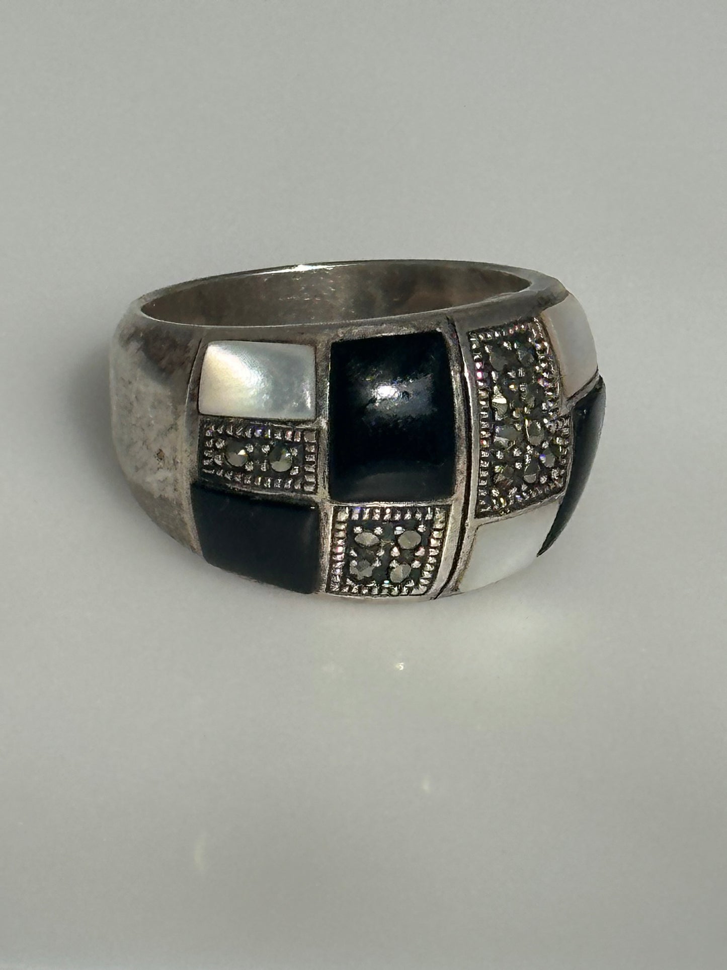 Sterling Silver Pearl Black Onyx Inlay Rhinestone Statement Ring Size 8