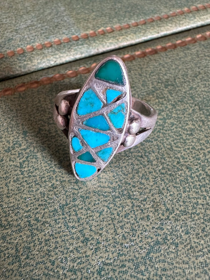 Old Pawn Turquoise Inlay Split Shank Native American Sterling Silver Ring size 6