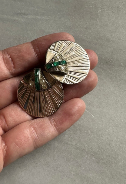 Antique Art Deco Unsigned Clip On Earrings And Brooch Sun Ray Boucher Style