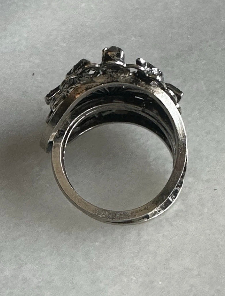 Vintage West Germany Filigree Floral Rhinestone Adjustable Ring