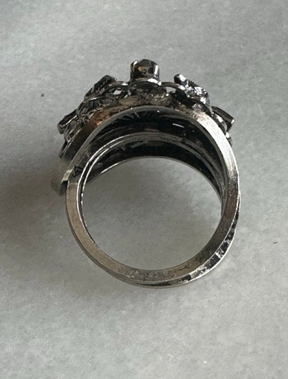 Vintage West Germany Filigree Floral Rhinestone Adjustable Ring