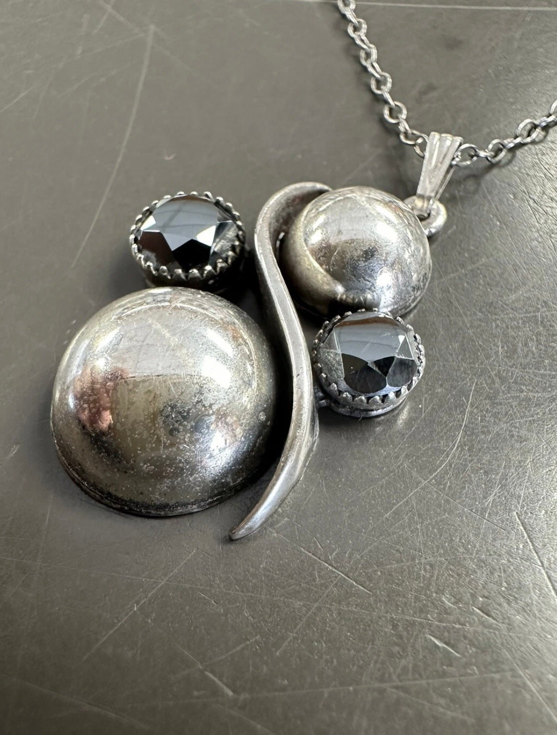 Antique Sterling Faceted “Alaskan Diamond” Hematite Pendant On Sterling Chain