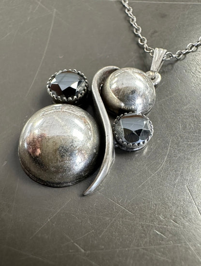 Antique Sterling Faceted “Alaskan Diamond” Hematite Pendant On Sterling Chain