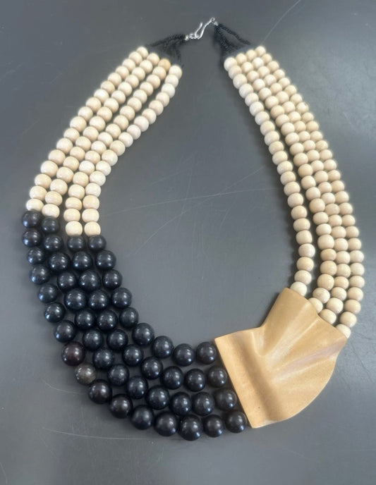 Vintage Black And Tan Natural Wood Beaded Four Strand Statement Necklace
