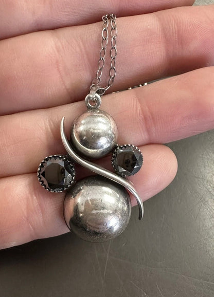 Antique Sterling Faceted “Alaskan Diamond” Hematite Pendant On Sterling Chain