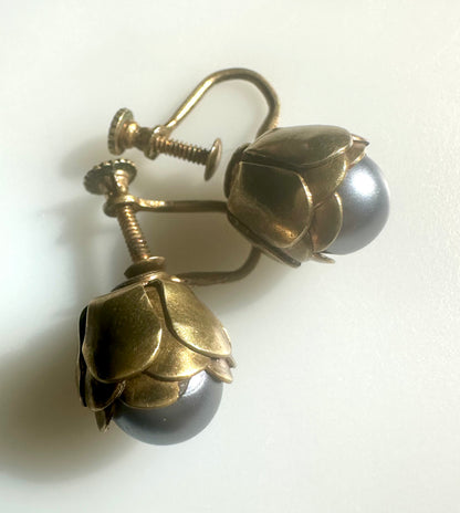 Jane’s Updated Peony Antique Screwback Earrings - New Grey Blue Faux Pearls