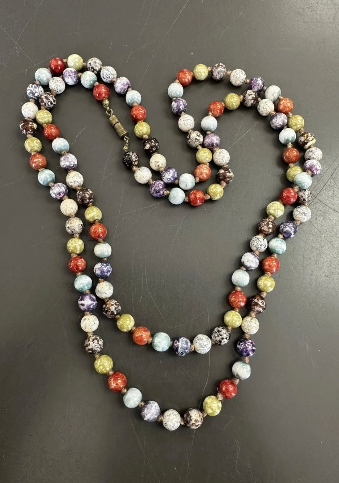 Long Strand Italian Glass Beads Knotted Necklace with Barrel Clasp