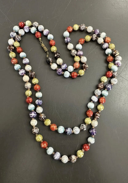 Long Strand Italian Glass Beads Knotted Necklace with Barrel Clasp