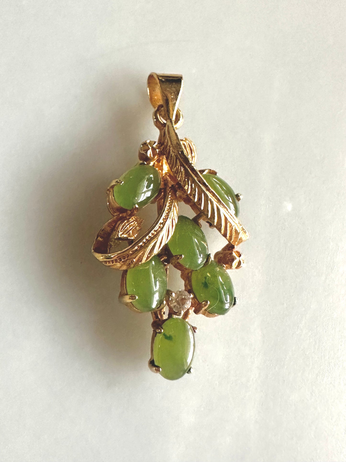 Vintage Goldtone Floral Nephrite Jade Cabochon Pendant