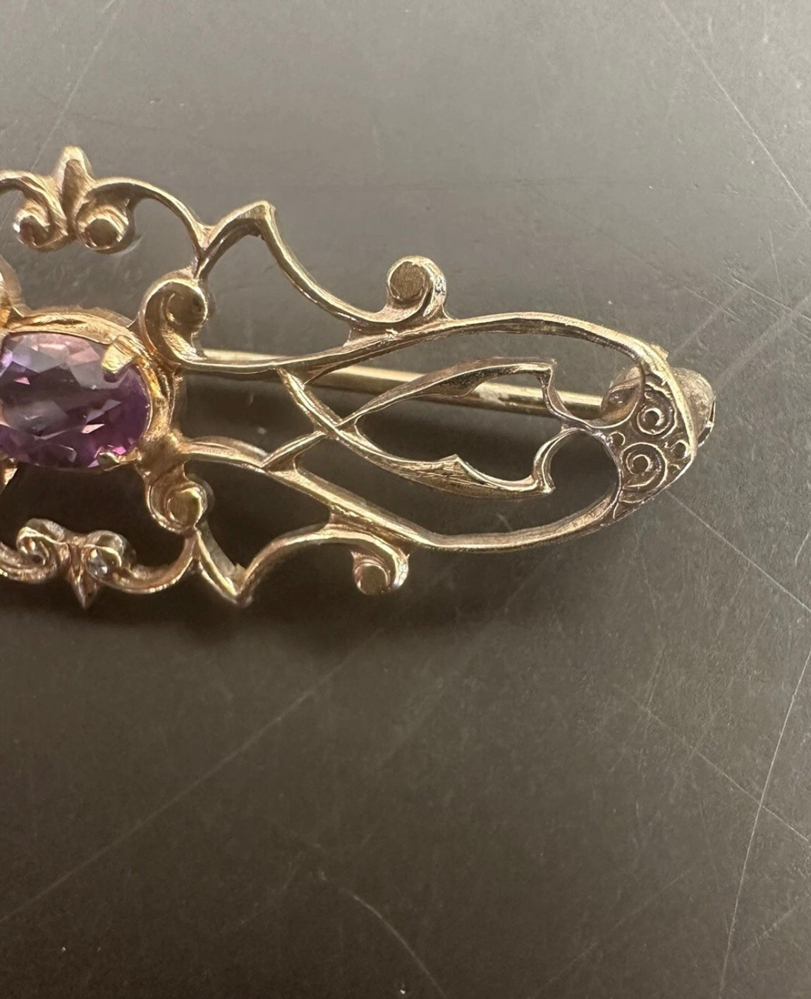 WEH Hayward Vintage Victorian Revival Brass Pin With Amethyst