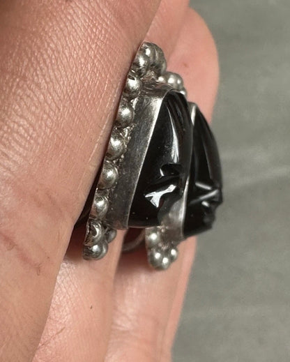 Vintage Sterling Mexico Warrior Face Carved Onyx Screw back Earrings Art Deco