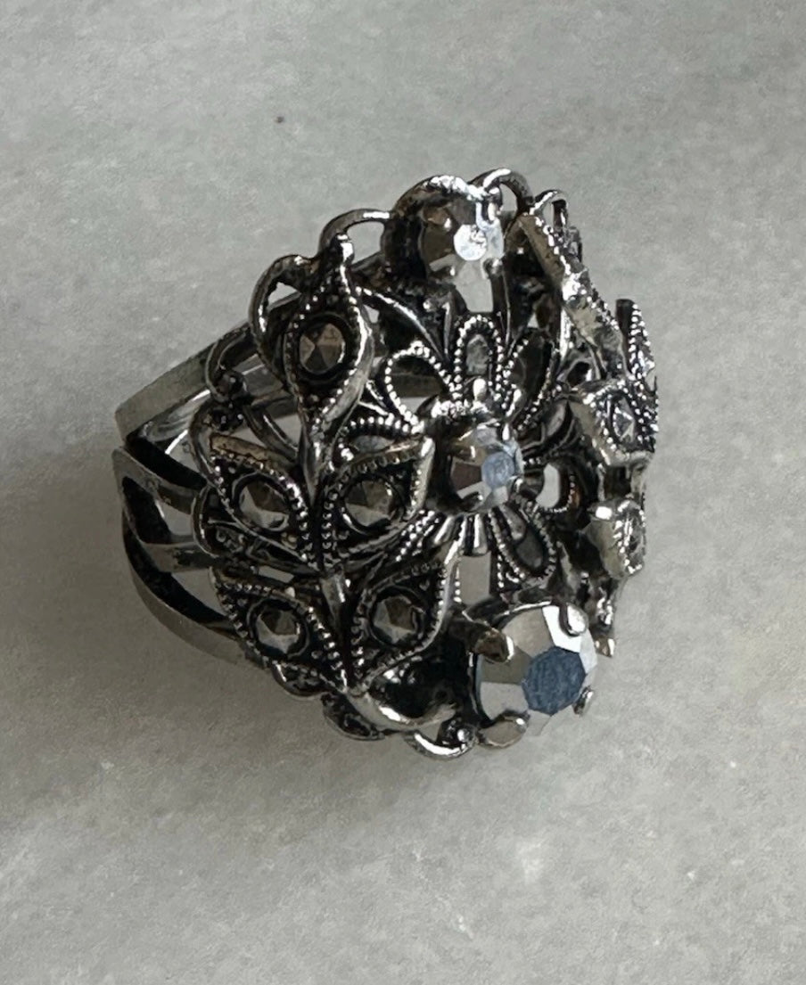 Vintage West Germany Filigree Floral Rhinestone Adjustable Ring