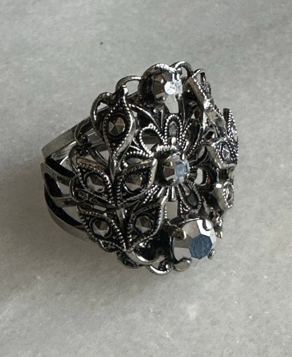 Vintage West Germany Filigree Floral Rhinestone Adjustable Ring