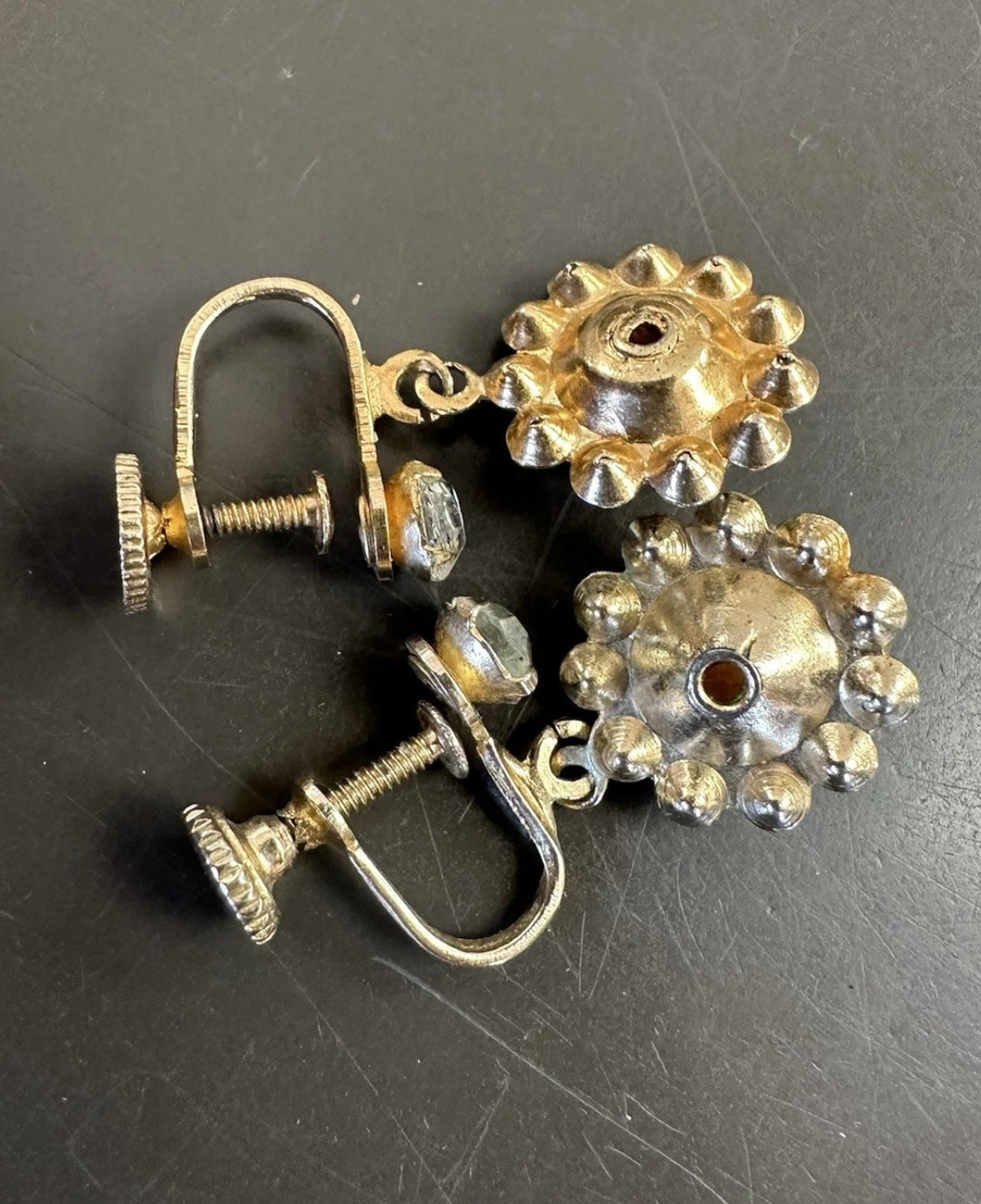 Vintage/Antique 1920’s Foil Fire Opal Rhinestone Screwback Earrings