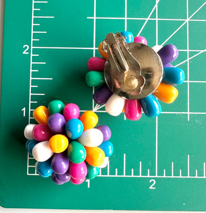 Vintage Mid-Century Porcupine Style Plastic Bead Cluster Clip-on Earrings