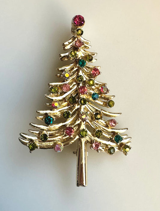 Vintage 1960s Dodds 2.5" Christmas Tree Brooch Rhinestone Gold Tone Multicolor