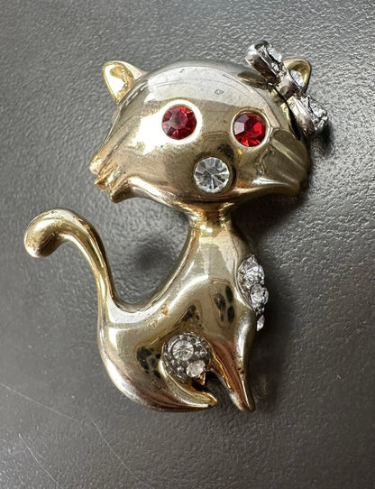 Vintage Retro Rhinestone Cat Brooch Silvertone And Goldtone Pin