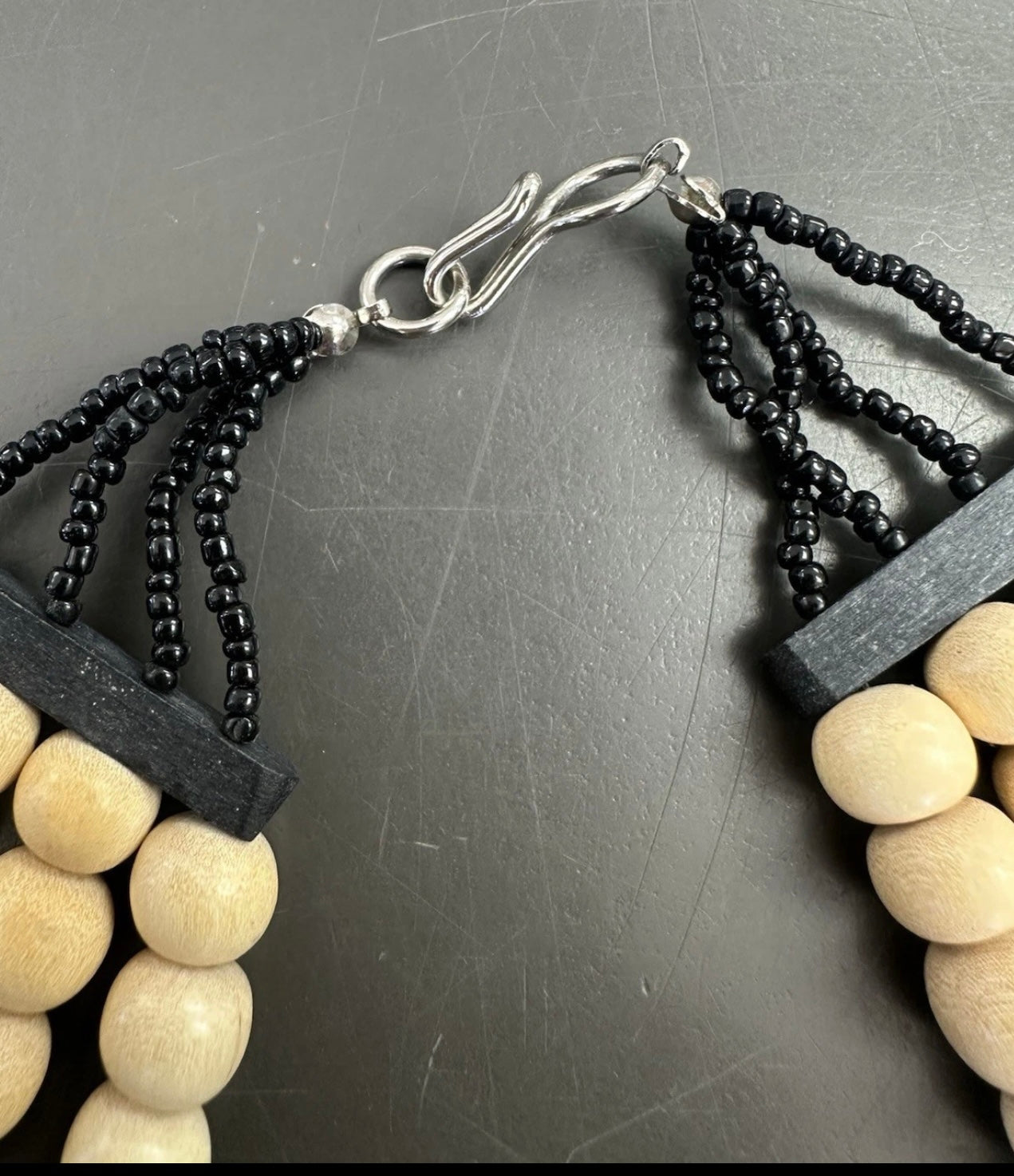 Vintage Black And Tan Natural Wood Beaded Four Strand Statement Necklace