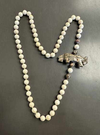 Beaded Knotted Carved Stone Necklace Leopard Jasper With Carved Leopard
