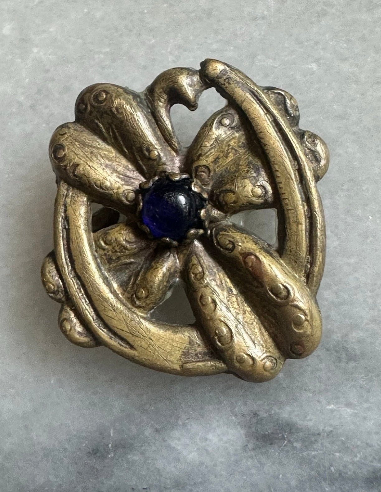 Antique Edwardian Victorian Horseshoe Lucky Four Leaf Clover Pin Cobalt Blue