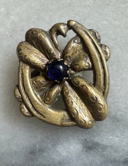 Antique Edwardian Victorian Horseshoe Lucky Four Leaf Clover Pin Cobalt Blue