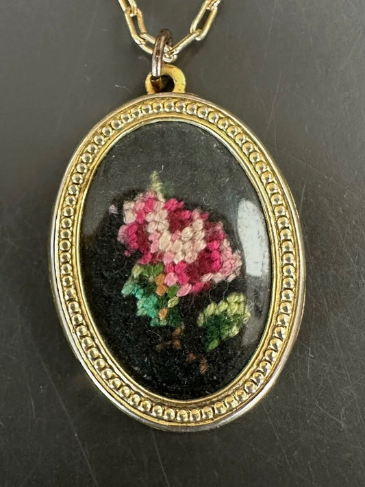 Vintage Victorian Revival Necklace With Regencycore Petit Point Rose Pendant